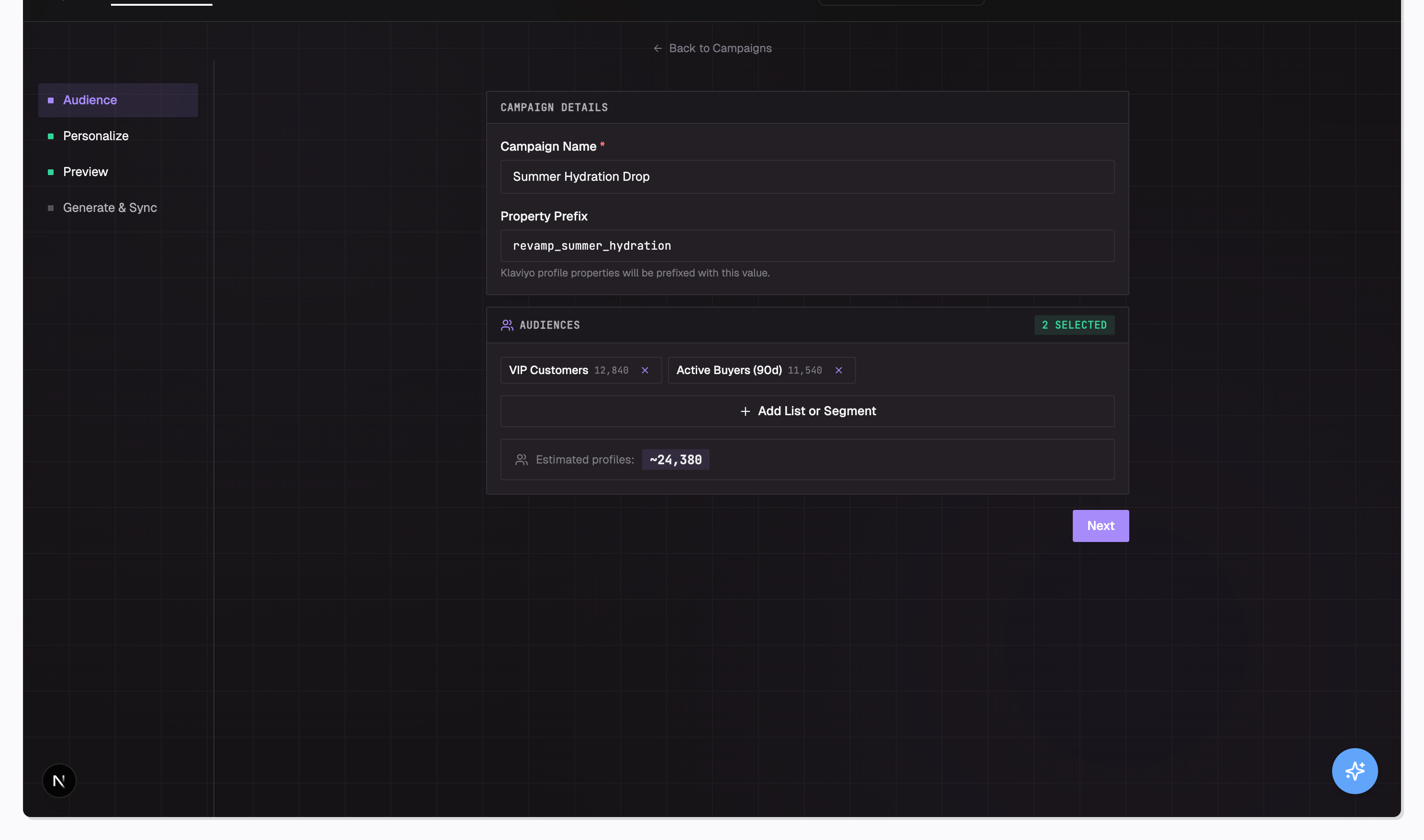 Audience selection step showing VIP Customers and Active Buyers segments with estimated profile count
