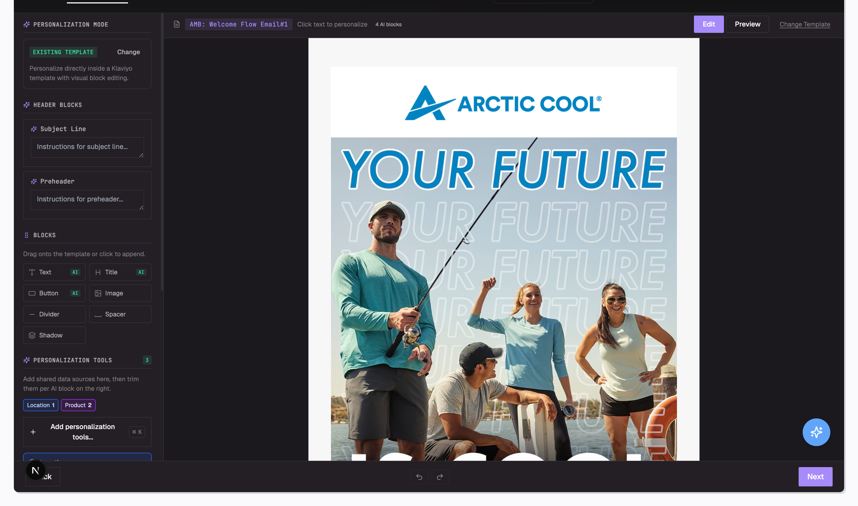 Personalization step with template mode, content blocks, and data source configuration