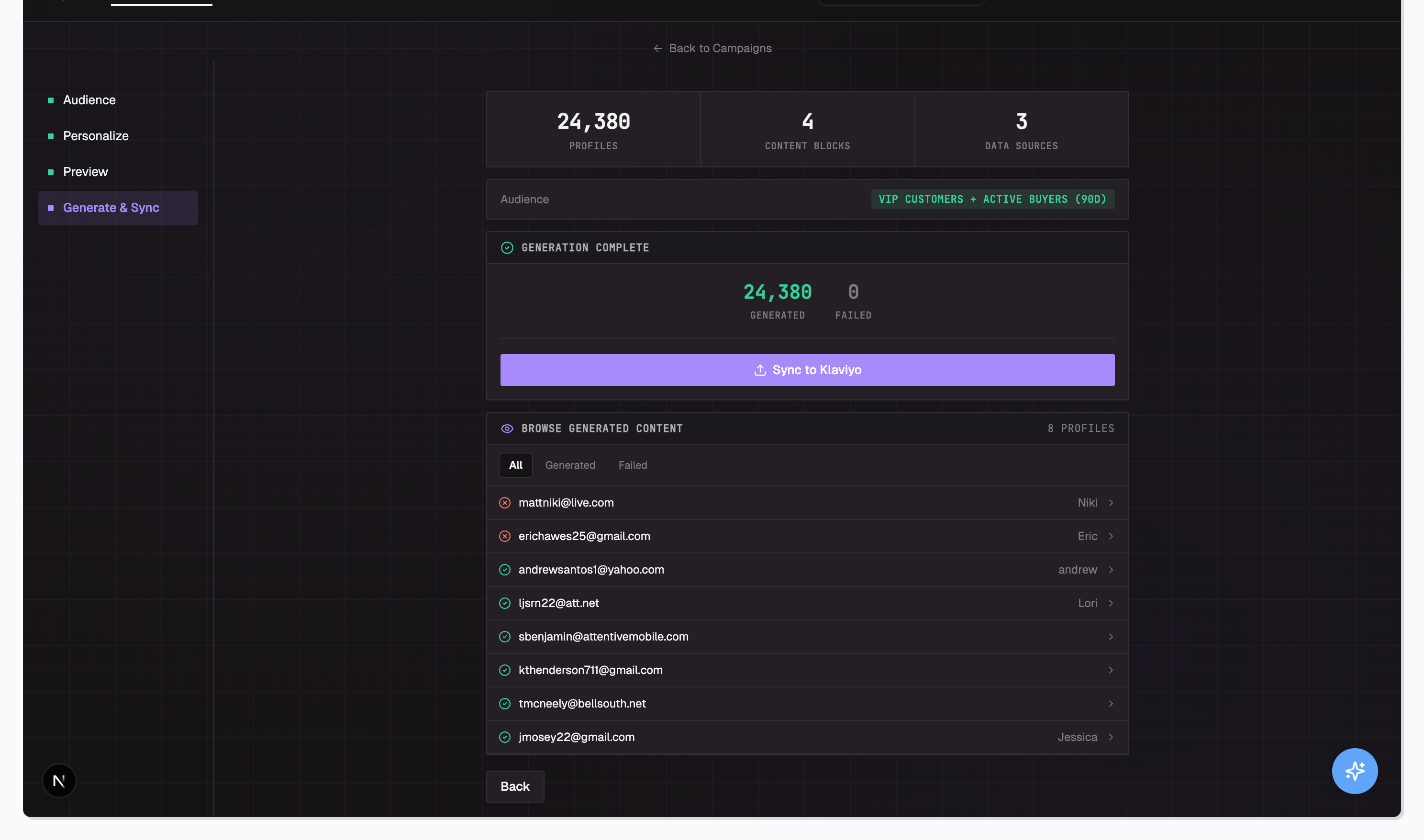 Generate and sync step showing 24,380 profiles generated with sync to Klaviyo option